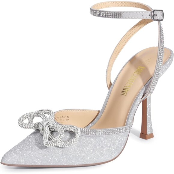 🆕 Women Silver Ankle Strap Sparkly Bow Shine Star Wrap-Around High-Heel Pumps - Picture 1 of 8